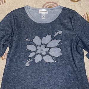 Denim color top with silver shimmer embroidered flower petite medium